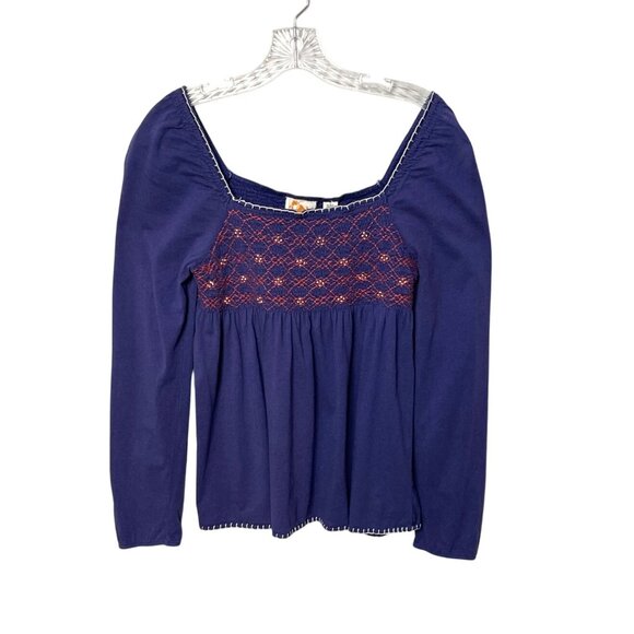 Anthropologie C. Keer Boho Embroidered Smocked Blurple Peasant Blouse Size Small - Picture 5 of 5